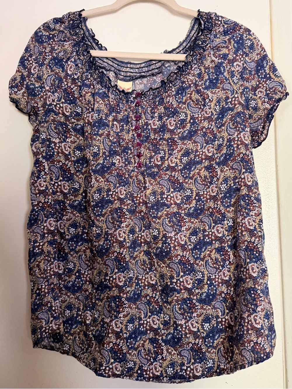 Faded Glory Navy Paisley Short Sleeve Peasant Blouse - Picture 4 of 6